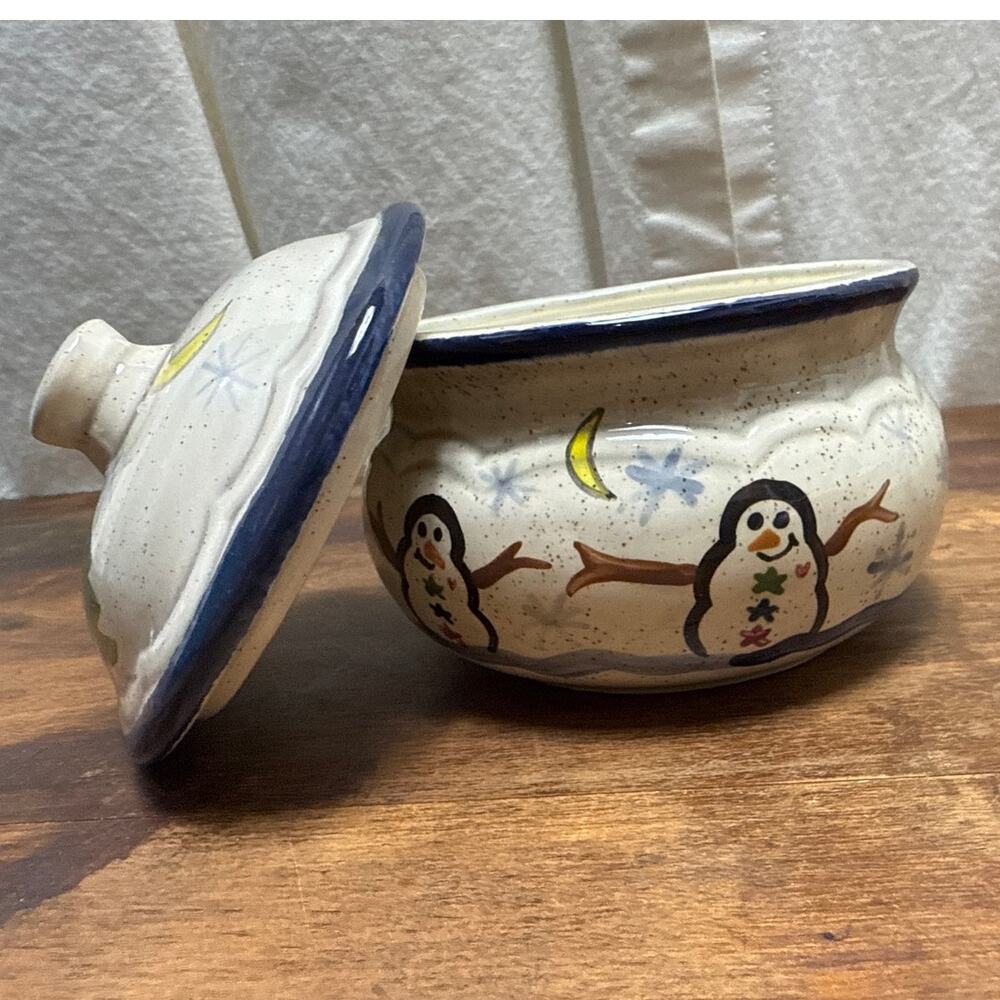 Snowman / Christmas Themed Art Pottery Small Lidded Crock Bowl Jar Container